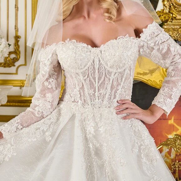 New Off The Shoulder Mesh Wedding Gown w/Floral Lace & Sheer Voned Bodice GL3824 - Picture 5 of 15